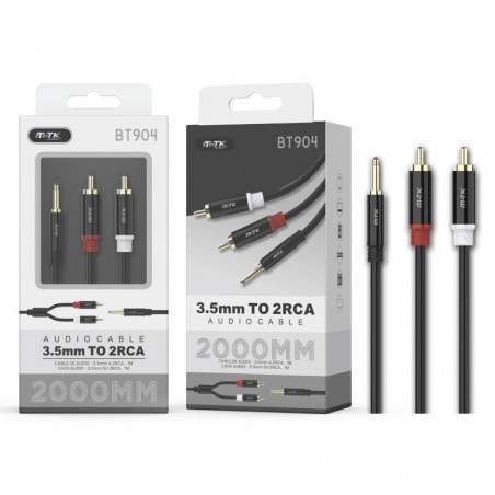 BT904 NE Cable de Audio Cáscara Cobre de 3.5mm a 2 RCA Macho a Macho, 2M , Negro