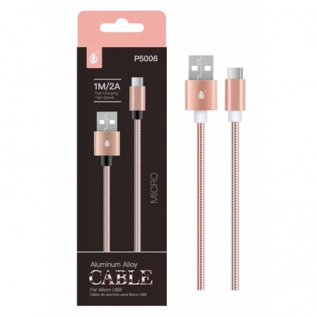 P5006 RS Cable de datos Merga Metalico para Micro USB, 2A, 1M Rosa