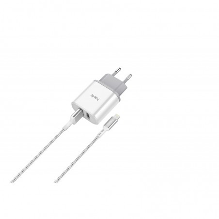 Cargador dual USB 2.1A Con Cable Lightning de Nylon HV-ST822 Blanco