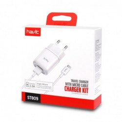 Cargador de 1 USB con cable Micro USB 2.1A HV-ST809 Blanco