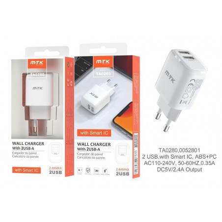 Cargador de Red Mushroom sin Cable, con Chip de Reconocimiento Inteligente, Dual USB 2.4A Max, Blanco TA0280