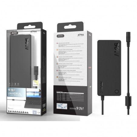 AT964 NE Cargador Universal Automatico con 11 Conectores para Portatiles , 90W, 5A Max, Cable 1.2M, Negro