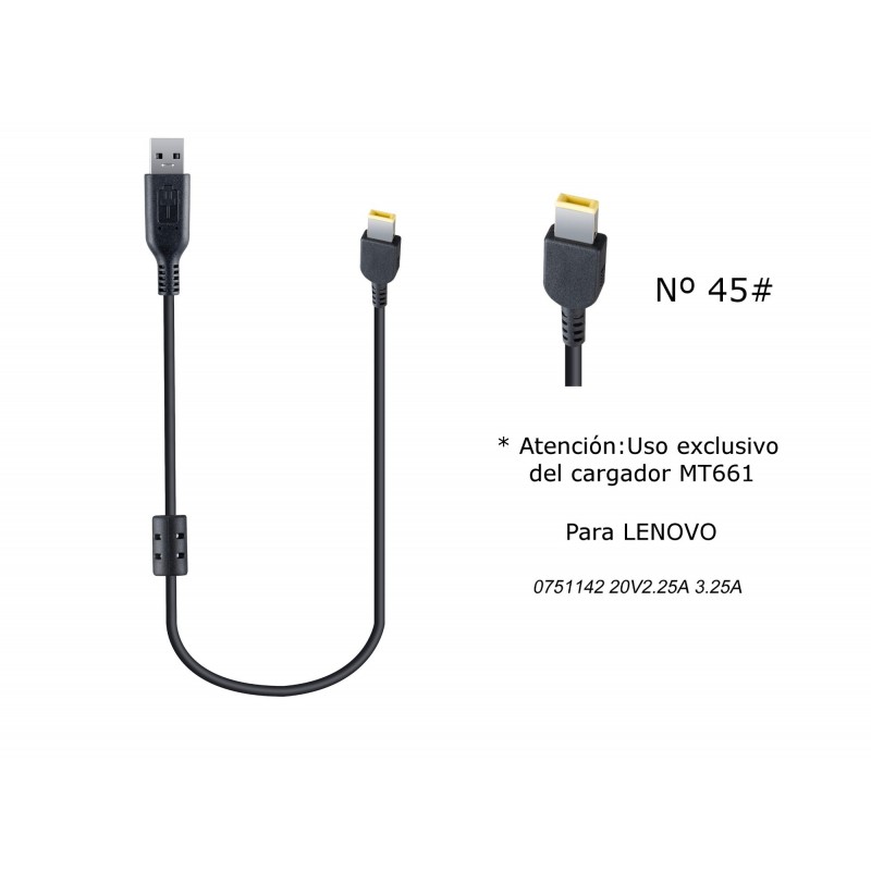 MT669 Cable de Cargador Portatil  45 para Lenovo, 20V  2,25A (3,25A), Puerto Cuadrado