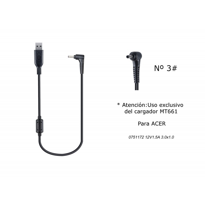 MT672 Cable de Cargador Portatil  3 para ACER, 12V  1,5A, 3,01,0mm