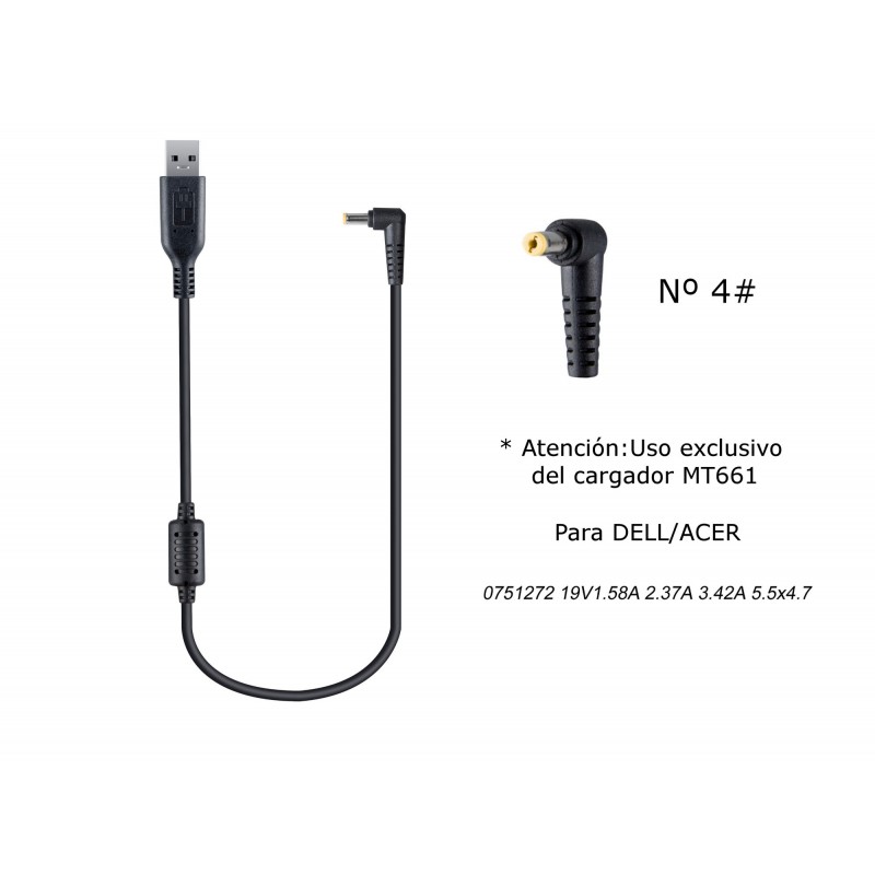 MT682 Cable de Cargador Portatil  4 para DELLHACER, 19V  1,58A (2,37A3,42A), 5,51,7mm