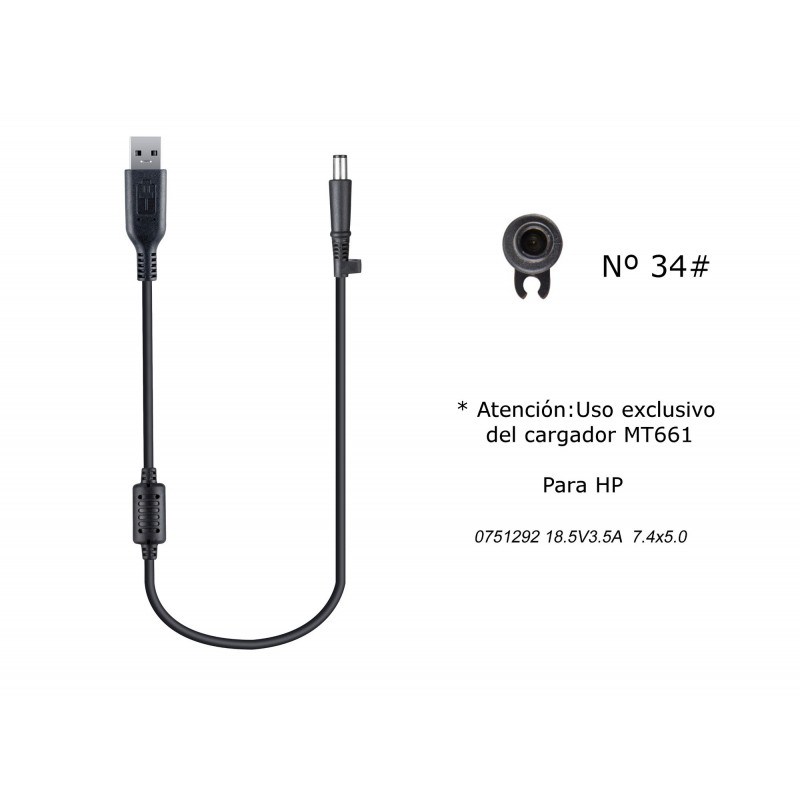 MT684 Cable de Cargador Portatil  34 para HP, 18,5V  3,5A, 7,45,0mm