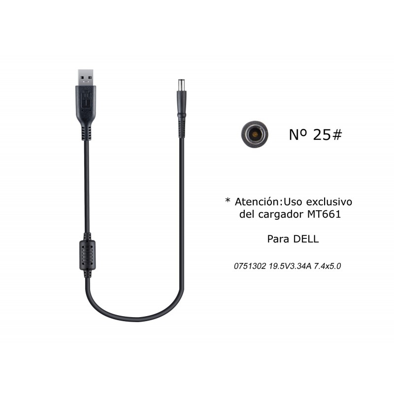 MT685 Cable de Cargador Portatil  25 para DELL, 19,5V  3,34A, 7,45,0mm