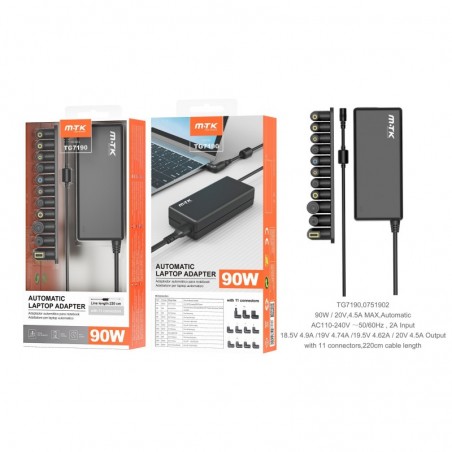 TG7190 NE Cargador Universal Automatico con 11 conectores para portatil ,90W, cable 220 cm , Negro