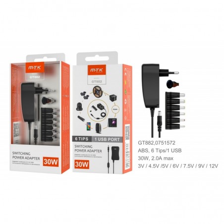 GT882 NE Cargador Universal BM 24W con 1USB 6W, 3V-12V 2A con 6 tips