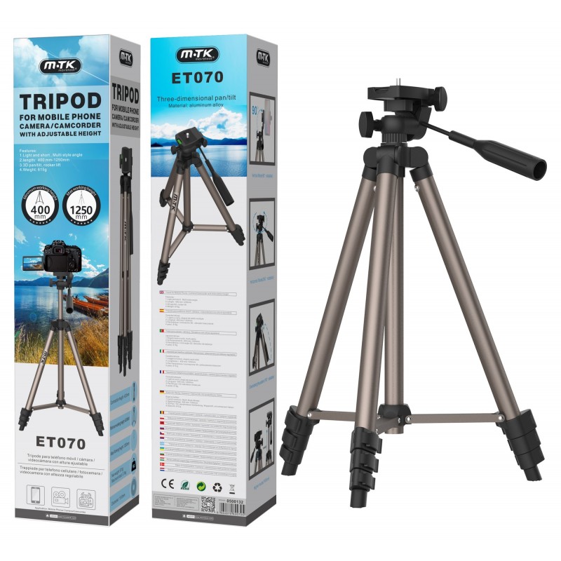 ET070 NE Tripode para móvil , cámara , videocamara ,360° , extensible (400mm-1250mm) , Negro
