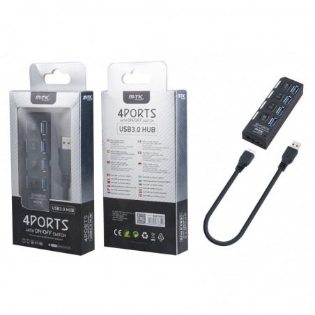 AT834 USB3.0 Hub, 4 Puertos con Interrumptores, 5Gbps Negro