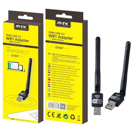 GT837 Mini Adaptador Wifi - USB, con Antena 2DBI, 150Mbps Negro