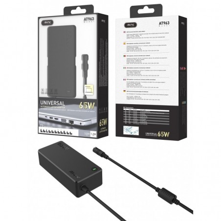 AT963 NE Cargador Universal Automatico con 11 Conectores para Portatiles , 65W, 3.25A Max, Cable 1.2M, Negro
