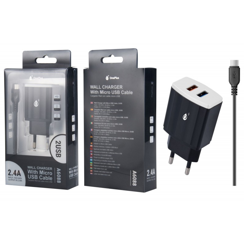 A6088 NEplusBL Cargador Red Waves con Cable para Micro USB, 2USB 2,4A, Negro y Blanco