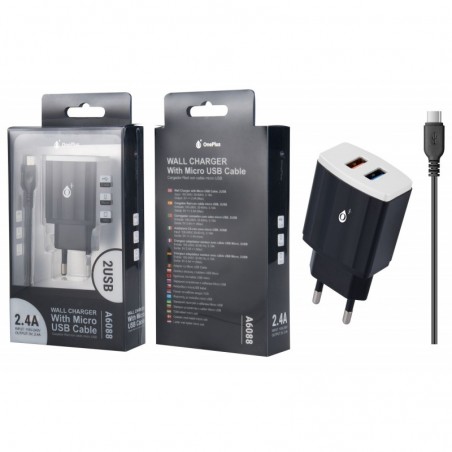 A6088 NEplusBL Cargador Red Waves con Cable para Micro USB, 2USB 2,4A, Negro y Blanco