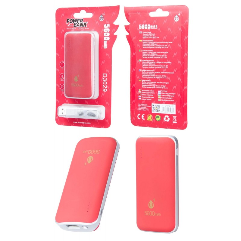 D3029 RJ PowerBank Fire 5600mAh con Indicador y Linterna, 2,1A 1USB, Rojo