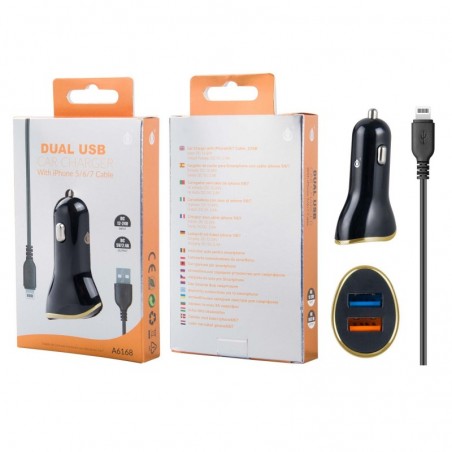 A6168 NEplusOR Cargador Mechero Yoga con Cable para Iphone 567, 2USB 2,4A, Negro y Oro