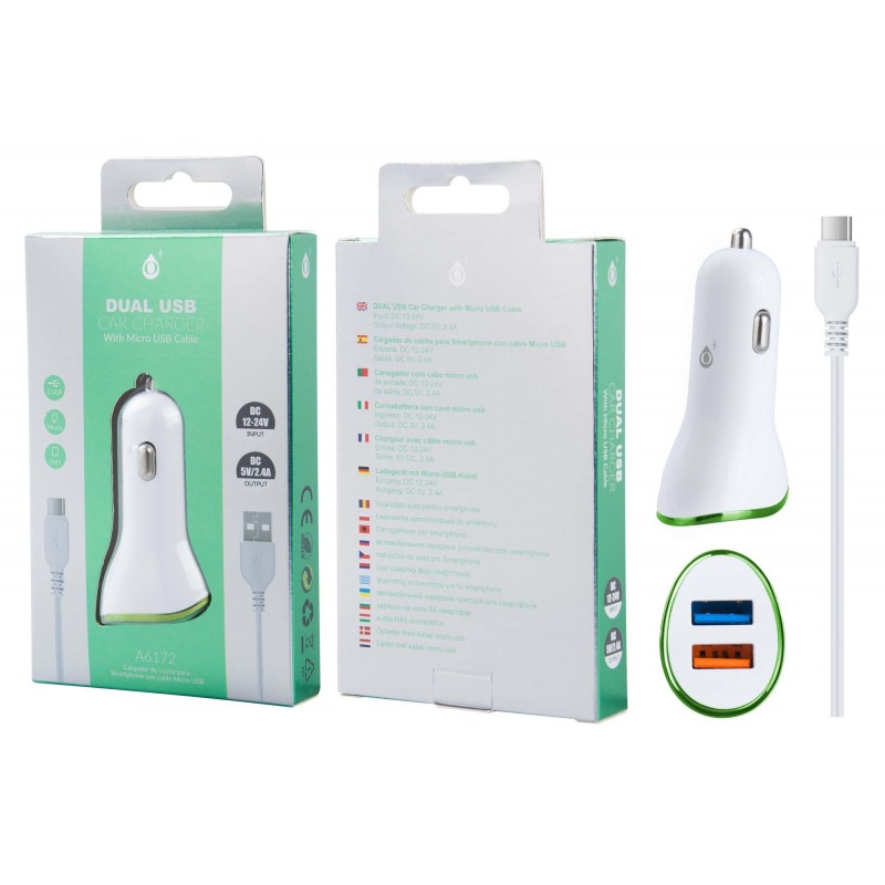 A6172 BLplusVE Cargador Mechero Yoga con Cable para Micro USB, 2USB 2,4A, Blanco y Verde