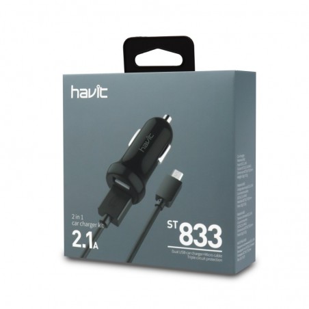 Cargador Mechero DUAL 2.1A con cable MicroUSB ST833 Negro
