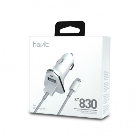 Cargador Mechero DUALUSB 2.4A con cable MicroUSB ST830 Blanco