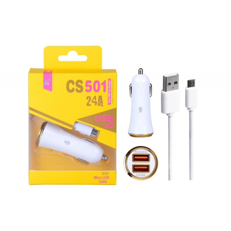 CS501 OR Cargador Mechero Flaca con cable Micro USB, 2USB 2A, Anilla Oro