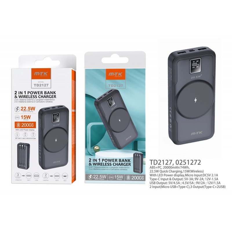 TD2127 NE PowerBank Hazel 20000mAh, Carga Rapida 22.5w y Carga inalambrico 15w , 2entrada(Micro U