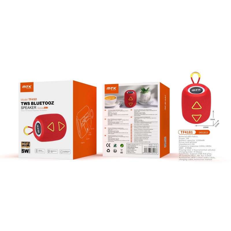 TF4181 RJ Altavoz TWS con Bluetooth 5.3, Luz espectro, Soporta USBFMTF(16G Max)Aux 3.5mm, 5W Rojo