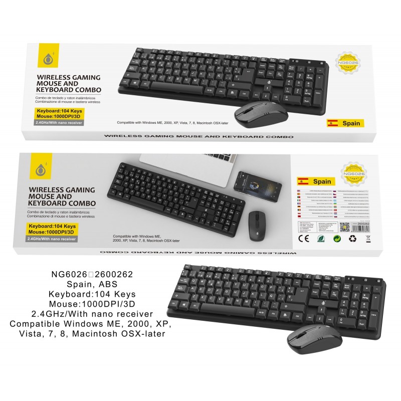 NG6026 NE Conjunto de Teclado y Raton Inalambrico Oliver, 104 Teclas Y Raton 3D de 1000 DPI, Negro