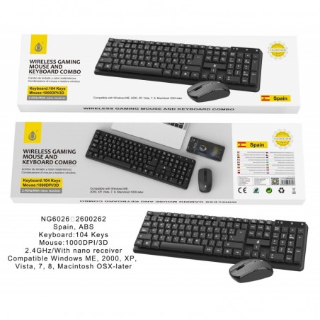 NG6026 NE Conjunto de Teclado y Raton Inalambrico Oliver, 104 Teclas Y Raton 3D de 1000 DPI, Negro