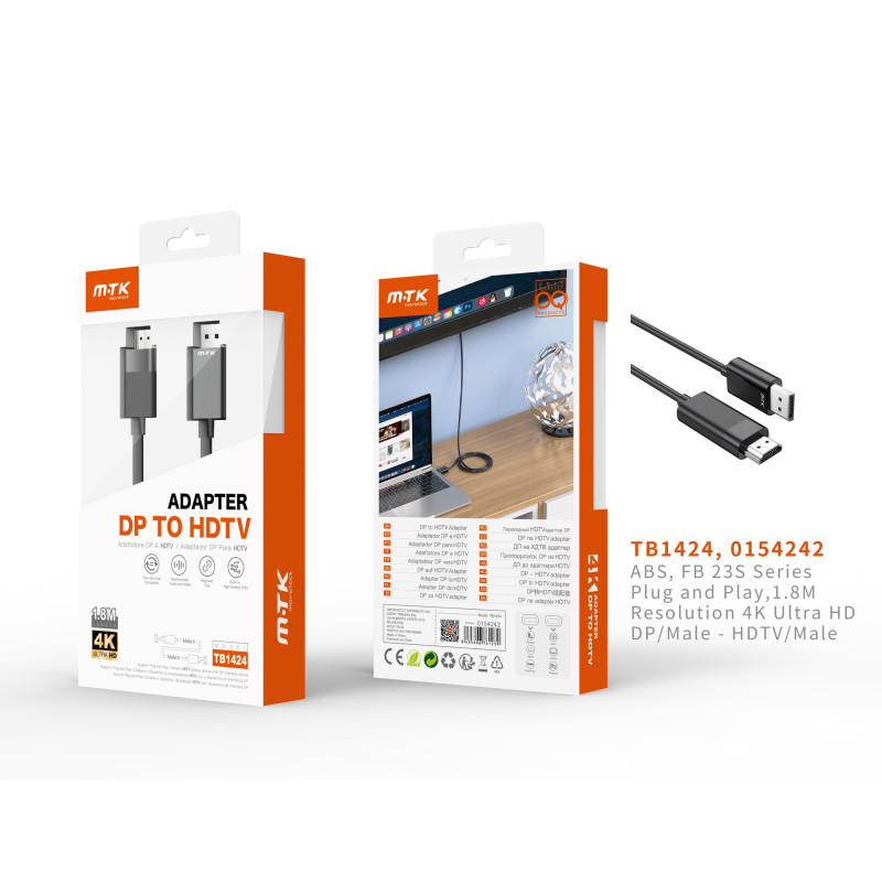 TB1424 NE Adaptador DP(Macho) a HDMI(Macho), 4K, Cable 1.8M, Negro