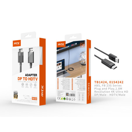 TB1424 NE Adaptador DP(Macho) a HDMI(Macho), 4K, Cable 1.8M, Negro