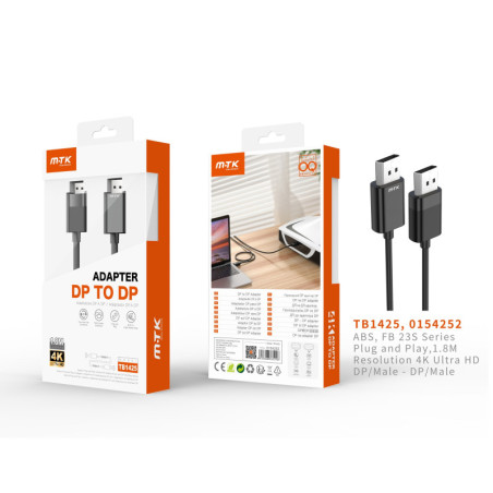 TB1425 NE Adaptador DP(Macho) a DP(Macho), 4K, Cable 1.8M, Negro