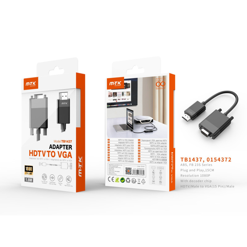 TB1437 NE Adaptador con Chip de Codificador HDMI(Macho) a VGA 15 Pin(Macho),1080P, 15CM, Negro