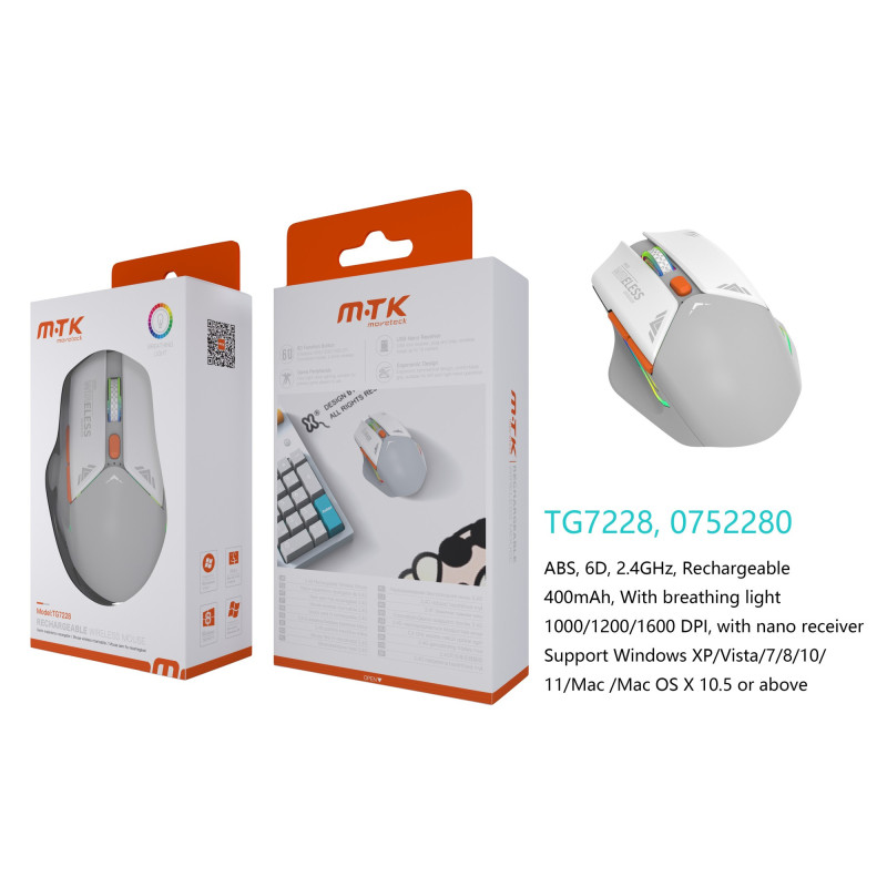 TG7228 BLplusGR Luxury Raton Inalambrico 6D con Respiracion de Luz 2.4GHZ, 100012001600 DPI, Bateria