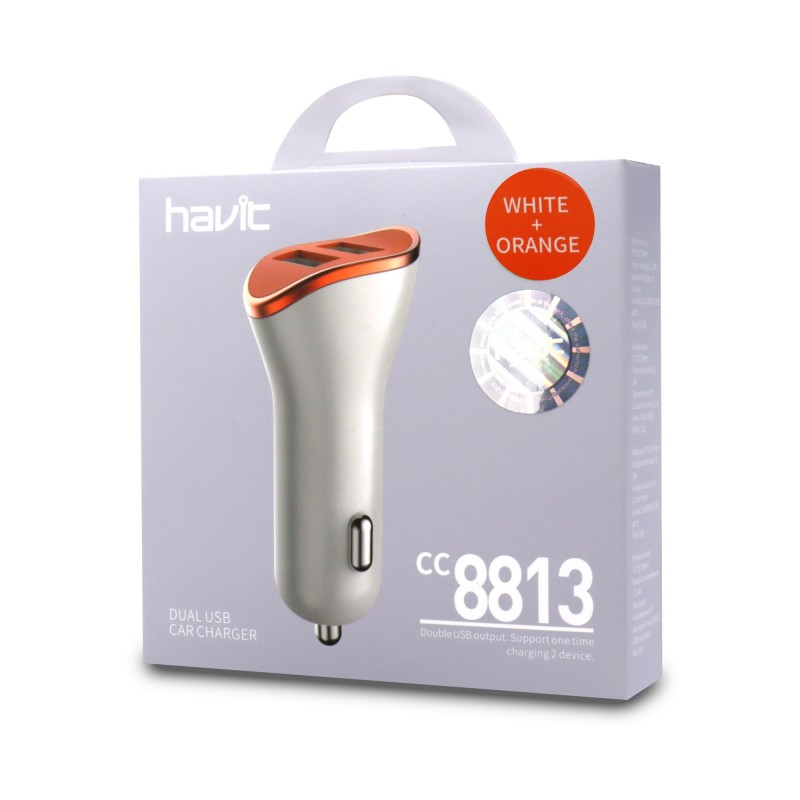 Cargador mechero DUAL USB 2.1A HV-CC8813 BlancoNaranja