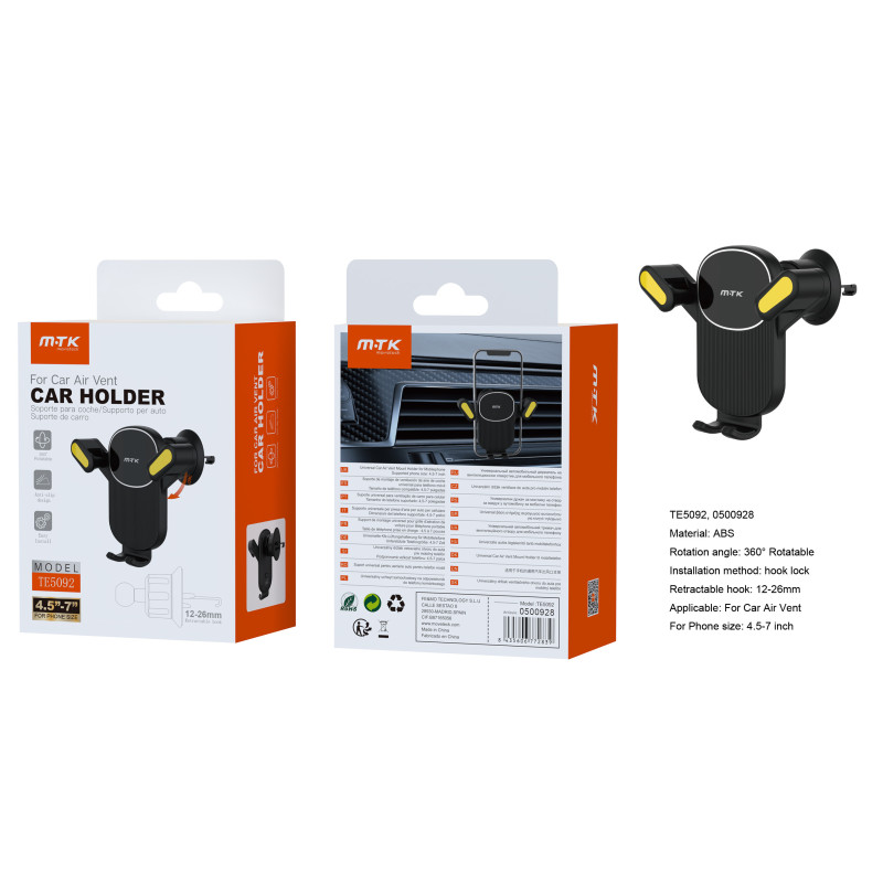 TE5092 Soporte universal airvent de coche, retractil 12-26mm, para movil 4.5-7 pulgadas, Negroplusazul