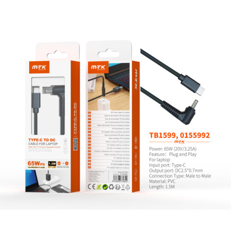 TB1599 NE Cable de carga USB-C a DC 2.50.7mm para portatil 65W20V3.25A1.5M, Negro