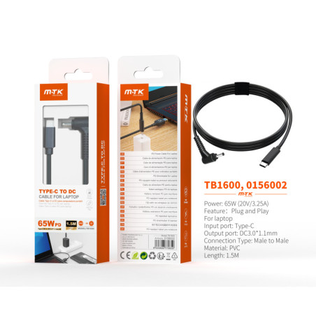 TB1600 NE Cable de carga USB-C a DC 3.01.1mm para portatil 65W20V3.25A1.5M, Negro