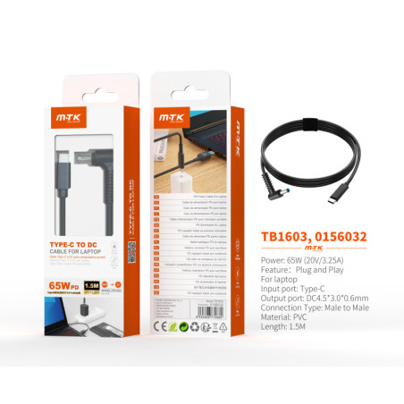 TB1603 NE Cable de carga USB-C a DC 4.53.00.6mm para portatil 65W20V3.25A1.5M, Negro