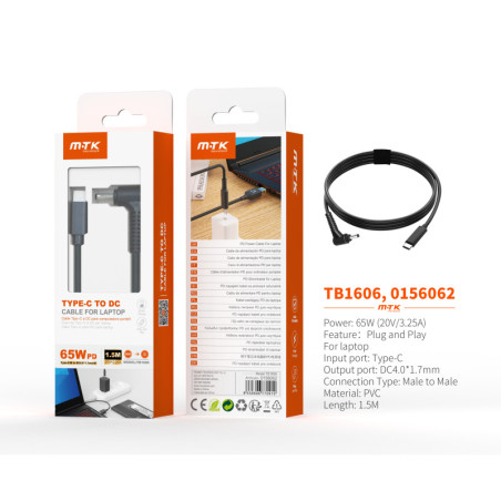 TB1606 NE Cable de carga USB-C a DC 4.01.7mm para portatil 65W20V3.25A1.5M, Negro