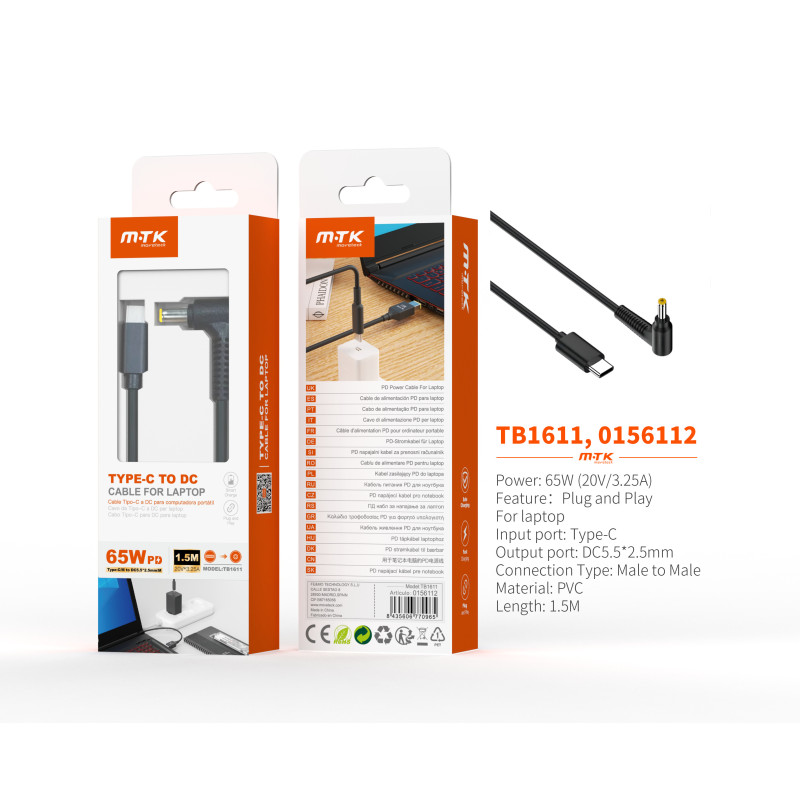 TB1611 NE Cable de carga USB-C a DC 5.52.5mm para portatil 65W20V3.25A1.5M, Negro
