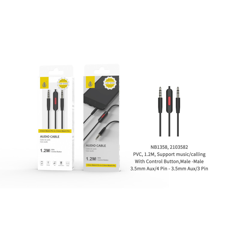 NB1358 NE Cable de Audio Jack 3.5mm 4 pin Macho a Jack 3.5mm 3pin Macho