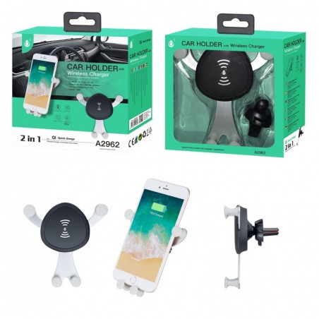A2962 NEplusPL Cargador Rápido Inalámbrico con Soporte de AirVent para Coche, 10W Negro y Plata