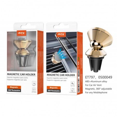 Soporte Universal Manetica de coche para movil airvent, 360º Rotacion , Oro ET797