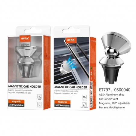 Soporte Universal Manetica de coche para movil airvent, 360º Rotacion , PLATA ET797