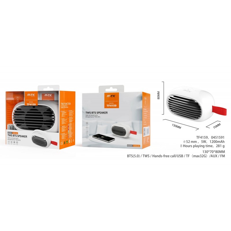 BL TF4159 Altavoz BTS 5,0 Roaster Portatil 5W , Soporta Funcion TWS y FMTFUSBAudio, Bateria 1200mAh USB2.0 Blanco