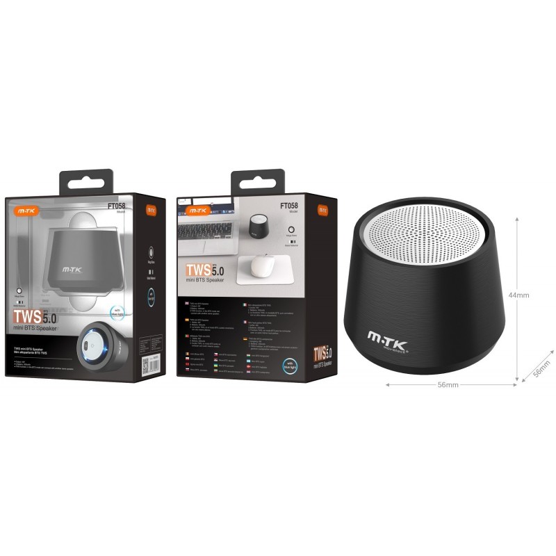 FT058 NE Mini Altavoz Metal Bluetooth TWS Xatu 4W con Efecto Mega Bass, Alta calidad de Sonido, Bateria 300mAh con luz Azul, Neg