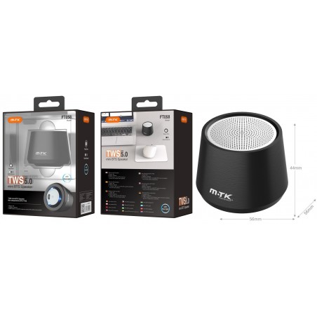 FT058 NE Mini Altavoz Metal Bluetooth TWS Xatu 4W con Efecto Mega Bass, Alta calidad de Sonido, Bateria 300mAh con luz Azul, Neg