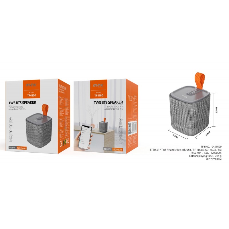 GR TF4160 Altavoz BTS 5,0 Seedling Portatil 5W , Soporta Funcion TWS y FMTF(32G)USBAudio, Bateria 1200mAh,Gris