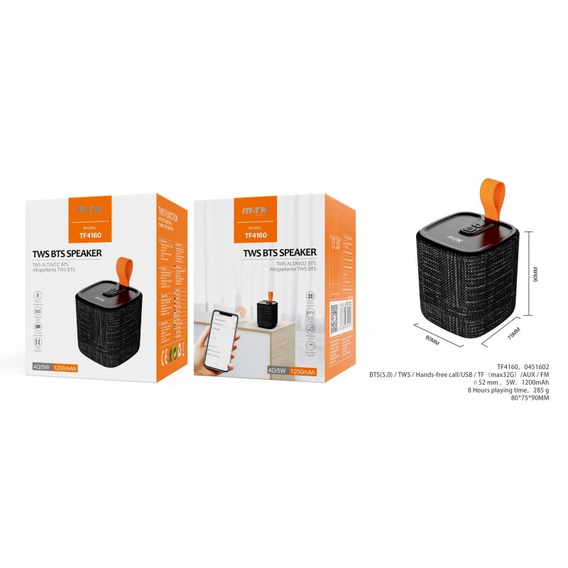 NE TF4160Altavoz BTS 5,0 Seedling Portatil 5W , Soporta Funcion TWS y FMTF(32G)USBAudio, Bateria 1200mAh,Negro